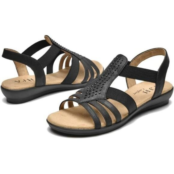Womens Rhinestone Flat Sandals Slip On Elastic Slingback Comfort Walking Shoes - Picture 1 of 7